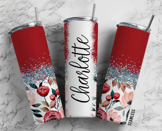 Wallpaper Red Flowers 20oz Tumbler, Floral Straight Skinny Tumbler