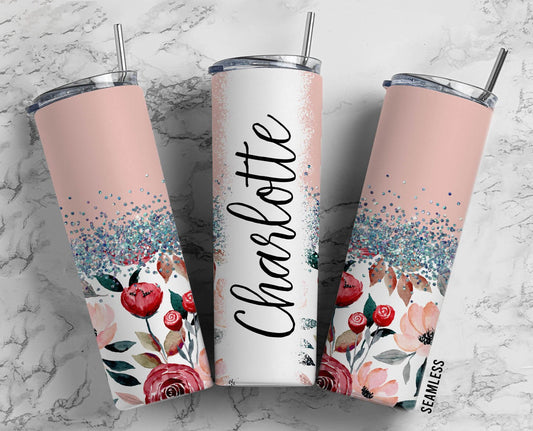 Pink Floral Flower 20oz Tumbler, Silver Glitter Split Straight Skinny Tumbler