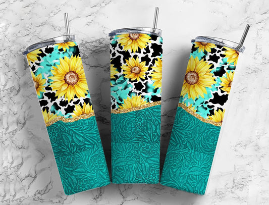 Turquoise Sunflower Leather 20oz Sublimation Tumbler, Teal Leopard Straight Skinny Tumbler Wrap, Leather Western