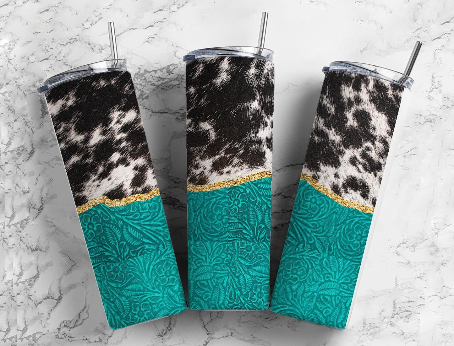 Turquoise Leather Cow 20oz Sublimation Tumbler, Teal Cow Print Straight Skinny Tumbler Wrap, Leather Western