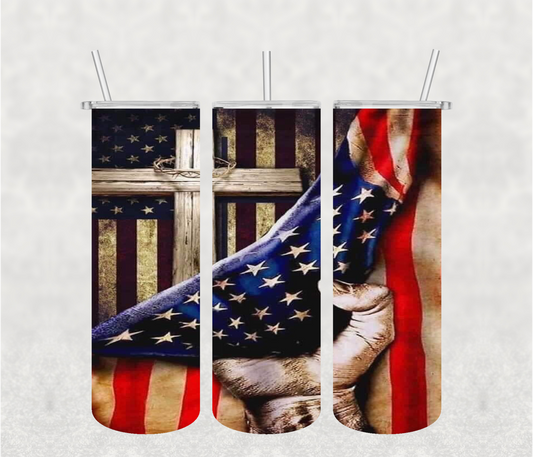 USA Flag and Cross 20oz Tumbler Sublimation Print