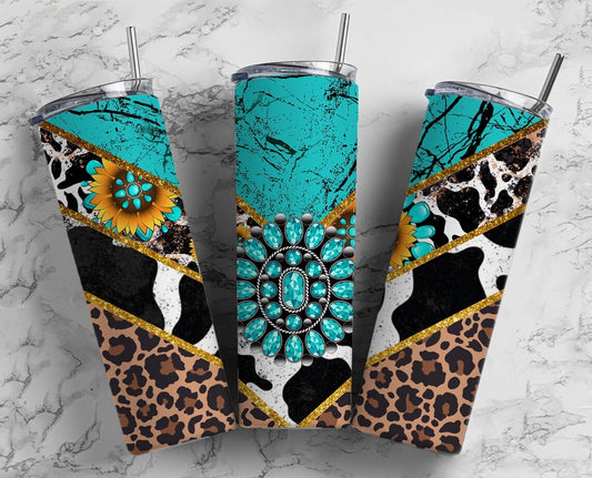 Turquoise Gem Stone Cow 20oz Sublimation Tumbler, Country Western Straight Skinny Tumbler, Leopard